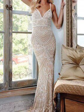 NWT Jovani 22286 Peral Beaded Sexy Prom Dress Nude/White Size 8